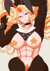 Rule 34 | 1girl, abs, absurdres, alternate costume, animal ears, arm up, black choker, black jacket, blonde hair, breasts, choker, commentary request, covered erect nipples, cowboy shot, fugaku (miko no miyatsuguchi), highres, horns, hoshiguma yuugi, jacket, large breasts, long hair, looking at viewer, meme attire, muscular, muscular female, navel, open mouth, pantyhose, pasties, pointy ears, rabbit ears, red eyes, red horns, reverse bunnysuit, reverse outfit, shrug (clothing), simple background, single horn, solo, star (symbol), star pasties, touhou
