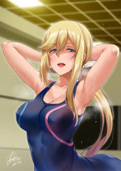Rule 34 | 1girl, armpits, arms up, bare arms, bare shoulders, blonde hair, blue eyes, blurry, blurry background, breasts, character request, cleavage, copyright request, darkmaya, half-closed eyes, indoors, large breasts, long hair, looking at viewer, open mouth, ponytail, sleeveless, solo, steaming body, swimsuit, upper body, wet