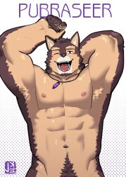 Rule 34 | 1boy, abs, animal ears, arm behind head, armpits, arms up, artist logo, bara, blush, character name, commentary, dog boy, dog ears, english commentary, fangs, furry, furry male, groin, halftone, halftone background, highres, jeck (2184521), live a hero, looking at viewer, male focus, one eye closed, open mouth, pectorals, pubraseer (live a hero), smile, topless male