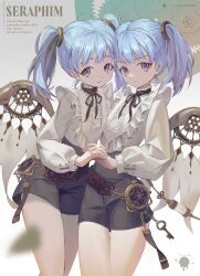 Rule 34 | 2girls, absurdres, black ribbon, black shorts, blue eyes, blue hair, closed mouth, corette, english text, feathers, highres, interlocked fingers, looking at viewer, multiple girls, original, ribbon, shirt, shorts, siblings, twins, twintails, white shirt