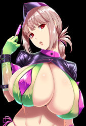 Rule 34 | 1girl, bikini, black background, braid, breasts, cleavage, covered erect nipples, fate/grand order, fate (series), florence nightingale (fate), florence nightingale (trick or treatment) (fate), gloves, green bikini, green gloves, hat, highres, huge breasts, kloah, lips, long hair, multicolored bikini, multicolored clothes, navel, nurse cap, official alternate costume, parted lips, pink bikini, pink eyes, pink hair, shrug (clothing), side-tie bikini bottom, simple background, skindentation, solo, swimsuit, syringe
