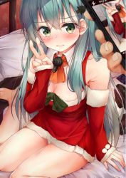 Rule 34 | 10s, 1girl, alternate costume, aqua hair, arm warmers, bad id, bad twitter id, bare shoulders, breasts, cellphone, christmas, christmas tree hair ornament, cleavage, condom, detached collar, embarrassed, green eyes, hair between eyes, hair ornament, highres, kantai collection, long hair, medium breasts, on bed, out of frame, panties, pantyshot, phone, recording, rouka (akatyann), sitting, sleeves past wrists, smartphone, solo focus, suzuya (kancolle), underwear, v, wariza