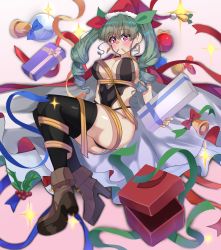 Rule 34 | 1girl, absurdres, alternate costume, anchovy (girls und panzer), black leotard, black thighhighs, blue ribbon, boots, bound, breasts, christmas, christmas ornaments, closed mouth, commentary, drill hair, earrings, gift, girls und panzer, green hair, green ribbon, grey footwear, hair ribbon, hat, high heel boots, high heels, highleg, highleg leotard, highres, holding, holding gift, holly, jewelry, kshimu, large breasts, leotard, long hair, looking at viewer, mouth hold, multicolored ribbon, orange ribbon, red eyes, red hat, ribbon, sack, santa hat, shibari, smile, solo, sparkle, thighhighs, tied up, twin drills, twintails