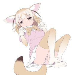 Rule 34 | 10s, animal ears, ass, bad id, bad pixiv id, blonde hair, blush, cnm, feet, fennec (kemono friends), fox ears, fox tail, full body, kemono friends, looking at viewer, lying, on back, panties, pink panties, pink sweater, pleated skirt, short-sleeved sweater, short hair, short sleeves, simple background, skirt, solo, sweater, tail, thighhighs, underwear, white background