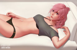 Rule 34 | 10s, 1girl, bare shoulders, bed, black bra, black panties, blue eyes, bra, breasts, commentary, couch, crop top, final fantasy, final fantasy xiii, indoors, lightning farron, lips, lying, medium breasts, navel, navel piercing, no pants, on back, panties, piercing, pillow, pink hair, revision, solo, square enix, stomach, tsuaii, underwear, watermark, web address