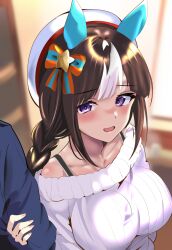 Rule 34 | 1girl, animal ears, beret, blurry, blurry background, blush, braid, breasts, casual, collarbone, commentary request, crossed arms, hat, highres, hokko tarumae (umamusume), horse ears, horse girl, large breasts, long braid, long hair, looking at viewer, muku (yx388140p15), open mouth, pov, ribbon, solo focus, twin braids, umamusume