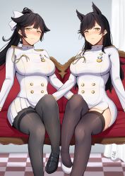 Rule 34 | 2girls, absurdres, animal ears, atago (azur lane), azur lane, band-width, black footwear, black hair, black legwear, blush, bow, breasts, brown eyes, checkered floor, closed mouth, couch, extra ears, garter straps, gloves, grey legwear, hair bow, hair flaps, hair ribbon, highres, knee up, large breasts, long hair, looking at viewer, military, military uniform, miniskirt, mole, mole under eye, multiple girls, pantyhose, pleated skirt, ponytail, ribbon, shoes, signature, sitting, skirt, smile, swept bangs, takao (azur lane), thighband pantyhose, thighhighs, thighs, uniform, v-shaped eyebrows, very long hair, white bow, white footwear, white ribbon, zettai ryouiki