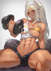 Rule 34 | 1girl, abs, animal ears, arm behind back, bare arms, bare legs, bare shoulders, bikini, bikini top only, boku no hero academia, breasts, buttons, camisole, dark-skinned female, dark skin, dripping, dumbbell, exercising, eyes visible through hair, grey hair, grin, hand up, high ponytail, holding, large breasts, long eyelashes, long hair, looking at viewer, lxkate, midriff, mirko, muscular, muscular female, navel, one breast out, open clothes, open fly, open shorts, rabbit ears, rabbit girl, red eyes, short shorts, shorts, signature, sitting, skindentation, smile, solo, spread legs, steam, stomach, sweat, swimsuit, toned, unbuttoned, very long hair, weightlifting, weights
