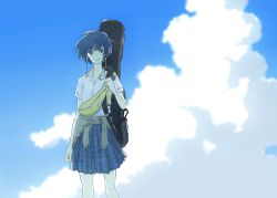 Rule 34 | 1girl, blue hair, blue skirt, blue sky, cloud, cloudy sky, earrings, feet out of frame, highres, instrument on back, jewelry, looking at viewer, original, plaid, plaid skirt, pleated skirt, shirt, shirt tucked in, short hair, short sleeves, skirt, sky, smile, solo, white shirt, yutsukidayo