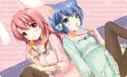 Rule 34 | 2girls, :p, animal ears, aqua dress, back-to-back, black hair, black legwear, blue eyes, blush, bow, rabbit ears, candy, cat ears, chestnut mouth, dress, fang, hair bow, jewelry, lollipop, long hair, looking at viewer, multiple girls, necklace, onka, open mouth, original, pantyhose, pink dress, red eyes, red hair, sakura (mani), short hair, smile, thighhighs, tongue, tongue out, usashiro mani