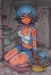 Rule 34 | 1girl, abuse, brand new animal, breasts, bruise, chain, highres, injury, kagemori michiru, looking at viewer, ohthicc, otik, sad, short hair, slave, solo