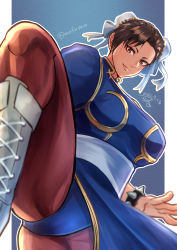 Rule 34 | 1girl, absurdres, blue background, blue dress, boots, border, bracelet, breasts, brown eyes, brown hair, bun cover, capcom, china dress, chinese clothes, chun-li, cowboy shot, cross-laced footwear, dated, double bun, dress, earrings, hair bun, hair pulled back, highres, jewelry, kageru (mofnyan), lips, medium breasts, muscular, pantyhose, pelvic curtain, puffy short sleeves, puffy sleeves, sash, short sleeves, side slit, signature, spiked bracelet, spikes, standing, standing on one leg, street fighter, street fighter ii (series), twitter username, white border, white footwear
