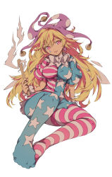Rule 34 | 1girl, absurdres, american flag dress, american flag legwear, blonde hair, breasts, clownpiece, dress, earrings, fairy, fairy wings, hat, highres, ichizen (o tori), jester cap, jewelry, long hair, medium breasts, one-hour drawing challenge, open mouth, pantyhose, polka dot, polka dot headwear, purple hat, red eyes, short sleeves, simple background, solo, star (symbol), star earrings, star print, striped clothes, striped dress, striped pantyhose, tongue, tongue out, touhou, white background, wings