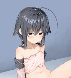 Rule 34 | 1girl, ahoge, aruma (sawayaka tokuko miruku), bare shoulders, black hair, blush, bottomless, camisole, closed mouth, collarbone, commentary request, detached sleeves, groin, hair between eyes, hair flaps, highres, long hair, long sleeves, looking at viewer, muu-tan, navel, original, out-of-frame censoring, pink camisole, red eyes, sitting, solo, strap slip, white sleeves