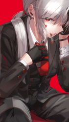 Rule 34 | 1girl, adjusting clothes, adjusting necktie, black gloves, black pants, black suit, blood, blood on face, breasts, cigarette, clenched teeth, collared shirt, earbuds, earphones, earrings, eyes visible through hair, formal, gloves, hand on own face, highres, jewelry, kfr, lips, long sleeves, looking at viewer, medium breasts, medium hair, necktie, original, pants, ponytail, red background, red eyes, red necktie, shirt, silver hair, simple background, sitting, smoking, solo, suit, teeth, white shirt