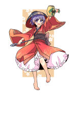 Rule 34 | 1girl, barefoot, black hat, bowl, bowl hat, commentary, floral background, full body, hat, haya taro pochi, holding, japanese clothes, kimono, long sleeves, looking at viewer, miracle mallet, needle sword, open mouth, orange background, purple eyes, purple hair, red kimono, sash, short hair, solo, sukuna shinmyoumaru, touhou, wide sleeves