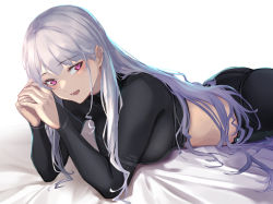 Rule 34 | 1girl, 3 small spiders, ak-12 (girls&#039; frontline), ass, black pants, black shirt, blush, breasts, commentary, crop top, feet out of frame, girls&#039; frontline, grey hair, hand on hand, highres, long hair, long sleeves, lying, medium breasts, on bed, on stomach, open mouth, pants, purple eyes, shirt, sidelocks, simple background, smile, solo, tactical clothes, turtleneck, upper body