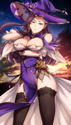 Rule 34 | 1girl, absurdres, breasts, cleavage, cluseller, commission, commissioner upload, cosplay, fire emblem, fire emblem echoes: shadows of valentia, genshin impact, gloves, hat, highres, huge filesize, large breasts, lisa (genshin impact), lisa (genshin impact) (cosplay), long hair, looking at viewer, nintendo, purple hair, skeb commission, smirk, sonya (fire emblem gaiden), thighhighs, thighs, witch hat