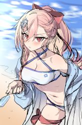 Rule 34 | &gt;:(, 1girl, absurdres, bare shoulders, beach, bikini, bikini under clothes, blush, braid, breasts, cleavage, closed mouth, collarbone, criss-cross halter, day, food, girls&#039; frontline, hair between eyes, hair ornament, hairclip, halterneck, hexagram, highres, holding, holding food, jingo, leaning forward, long hair, looking at viewer, medium breasts, navel, negev (girls&#039; frontline), ocean, off shoulder, open clothes, outdoors, pink hair, ponytail, popsicle, red eyes, side braid, solo, star of david, sweat, swimsuit, thigh strap, tsurime, v-shaped eyebrows, water, white bikini