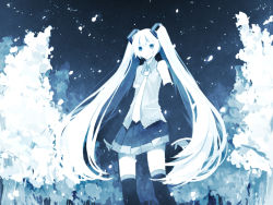 Rule 34 | 1girl, bad id, bad pixiv id, bare shoulders, black thighhighs, blue theme, detached sleeves, female focus, hatsune miku, hijiri (resetter), long hair, monochrome, nature, necktie, night, night sky, outdoors, sky, solo, thighhighs, tree, twintails, very long hair, vocaloid, zettai ryouiki