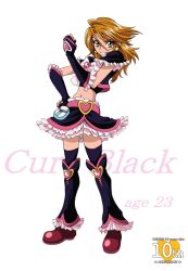 Rule 34 | 00s, 1girl, adapted costume, aged up, alternate hair length, alternate hairstyle, anniversary, arudebido, black footwear, black skirt, black thighhighs, boots, bow, brown eyes, brown hair, character name, clenched hand, copyright name, cure black, earrings, fingerless gloves, frills, full body, futari wa precure, futari wa precure max heart, gloves, grin, jewelry, knee boots, leg warmers, long hair, magical girl, midriff, misumi nagisa, navel, precure, ribbon, short hair, skirt, smile, solo, standing, thighhighs, thighhighs under boots, white background