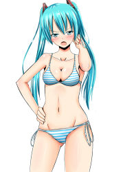 Rule 34 | 1girl, baretto (karasi07), blue eyes, blue hair, bra, breasts, cleavage, collarbone, groin, hair ornament, hand in own hair, hand on own hip, hatsune miku, highres, long hair, looking at viewer, matching hair/eyes, open mouth, panties, side-tie panties, simple background, small breasts, solo, striped bra, striped clothes, striped panties, twintails, underwear, underwear only, vocaloid, white background