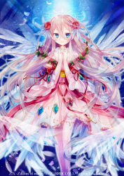 Rule 34 | 1girl, angel, angel wings, blue eyes, brooch, copyright name, cross, crystal, dress, feathers, flower, gem, hair ornament, halo, ibara riato, jewelry, long hair, looking at viewer, lots of jewelry, michael (z/x), official art, own hands clasped, own hands together, pink hair, red dress, ribbon, rose, solo, standing, toutatsu no shitenshi michael, watermark, wings, z/x