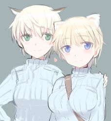 Rule 34 | 10s, 2girls, animal ears, between breasts, blonde hair, blue eyes, blush, brave witches, breasts, green eyes, hanna wind, head wings, heart, large breasts, long sleeves, looking at viewer, lowres, multiple girls, nikka edvardine katajainen, ribbed sweater, shimada fumikane, short hair, simple background, smile, strap, strike witches, strike witches: aurora no majo, sweater, weasel ears, wings, world witches series