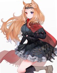 Rule 34 | 1girl, absurdres, animal ears, archetto (arknights), arknights, artist name, black corset, black dress, blonde hair, blue eyes, boots, cape, closed mouth, corset, cowboy shot, dress, from side, gloves, heterochromia, highres, infection monitor (arknights), leg up, long hair, looking at viewer, looking to the side, red cape, red eyes, rippajun, white background, white footwear, wrist guards