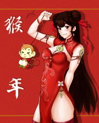 Rule 34 | 1girl, 2016, absurdres, bad id, bad pixiv id, bare shoulders, between breasts, bracelet, braid, breasts, brown eyes, brown hair, china dress, chinese clothes, chinese new year, cleavage, cleavage cutout, clothing cutout, covered erect nipples, double bun, dress, food, fruit, grin, hair bun, hair ribbon, happy new year, highres, jewelry, long hair, medium breasts, monkey, nengajou, new year, peach, pelvic curtain, red dress, red ribbon, red thighhighs, ribbon, side slit, smile, solo, thighhighs, very long hair, xiguaex