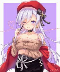 Rule 34 | 1girl, aran sweater, azur lane, belfast (azur lane), belfast (shopping with the head maid) (azur lane), beret, black skirt, blush, breasts, brown sweater, cable knit, choker, cleavage, collarbone, earrings, food, hair between eyes, hat, heart, highres, holding, holding food, holding pocky, hoop earrings, huge breasts, jewelry, long hair, looking at viewer, off-shoulder sweater, off shoulder, one eye closed, pencil skirt, pocky, purple background, purple eyes, red hat, shawl, silver hair, skirt, smile, solo, sweater, tofu fufu, two-tone background, underboob, white background
