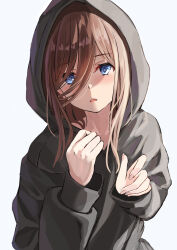 Rule 34 | 1girl, absurdres, alternate costume, black hoodie, blue eyes, blush, brown hair, casual, commentary request, d:, eyelashes, fingernails, go-toubun no hanayome, hair over one eye, hands up, head tilt, highres, hood, hood up, hoodie, long hair, long sleeves, looking at viewer, nakano miku, open mouth, raikun raikun, reaching, reaching towards viewer, simple background, solo, straight-on, straight hair, upper body, white background