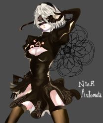 Rule 34 | 1girl, android, black dress, black thighhighs, blindfold, breasts, cleavage, cleavage cutout, clothing cutout, dress, gloves, green eyes, highres, juliet sleeves, long sleeves, nier (series), nier:automata, puffy sleeves, silver hair, skindentation, solo, thighhighs, tonbo (saunt), 2b (nier:automata)