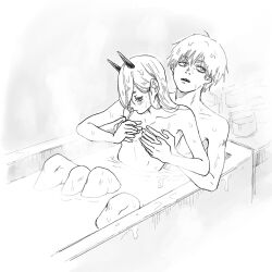 Rule 34 | 1boy, 1girl, bathtub, breasts, chainsaw man, commentary request, denji (chainsaw man), grabbing, grabbing another&#039;s breast, grabbing another's breast, grabbing from behind, greyscale, guided breast grab, guiding hand, hair over one eye, hetero, heureoreo, highres, horns, korean commentary, mixed-sex bathing, monochrome, power (chainsaw man), shared bathing, sharp teeth, small breasts, steam, teeth, vanilla, wet