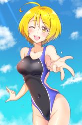 Rule 34 | 1girl, ;d, ahoge, black one-piece swimsuit, blonde hair, blue sky, breasts, cloud, collarbone, competition swimsuit, covered navel, cowboy shot, day, hair between eyes, highleg, highleg swimsuit, highres, hugtto! precure, kaatsu katsurou, kagayaki homare, looking at viewer, medium breasts, one-piece swimsuit, one eye closed, open mouth, outdoors, outstretched arm, precure, reaching, reaching towards viewer, shiny clothes, short hair, sideboob, sky, smile, solo, standing, sunlight, swimsuit, yellow eyes