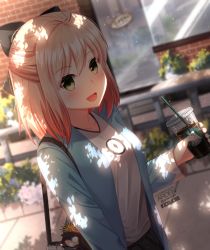 Rule 34 | 1girl, alternate costume, ardenlolo, artist name, bag, bag charm, black ribbon, blush, breasts, casual, character charm, character doll, charm (object), coffee, collarbone, contemporary, cup, day, disposable cup, drinking straw, fate/grand order, fate (series), green eyes, hair ribbon, half updo, holding, holding cup, jacket, koha-ace, long sleeves, looking at viewer, medium breasts, medium hair, oda nobunaga (fate), oda nobunaga (koha-ace), okita souji (fate), okita souji (koha-ace), outdoors, paid reward available, plant, potted plant, ribbon, shadow, shirt, sidewalk, solo, sunlight, t-shirt, twitter logo, twitter username