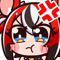 Rule 34 | 1girl, anger vein, angry, animal ears, black hair, blue eyes, blush, blush stickers, chibi, chroneco, commentary, english commentary, frown, hakos baelz, hololive, hololive english, looking at viewer, mouse ears, mouse girl, multicolored hair, official art, portrait, pout, red hair, solo, streaked hair, transparent background, v-shaped eyebrows, virtual youtuber, white hair