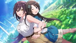 Rule 34 | 2girls, back-to-back, bare arms, bare shoulders, belt, black hair, blue eyes, blue sky, bracelet, breasts, buttons, cloud, collared shirt, day, diagonal bangs, earrings, grass, hair between eyes, hair down, hair ornament, hairclip, idolmaster, idolmaster shiny colors, jewelry, large breasts, locked arms, long hair, looking at viewer, mitsumine yuika, multiple girls, no eyewear, official alternate costume, official alternate hairstyle, official art, one eye closed, open mouth, outdoors, pants, shirase sakuya, shirt, short sleeves, sky, sleeveless, sleeveless shirt, small breasts, smile, sparkle, standing, sunlight, white shirt, windmill, yellow eyes