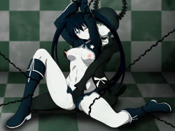 Rule 34 | 10s, 2girls, an-bl, bdsm, black hair, black rock shooter, black rock shooter (character), blue eyes, blush, bondage, boots, bound, breasts, chain, coat, dead master, fingering, glowing, glowing eyes, hand under clothes, hand under shorts, knee boots, long hair, medium breasts, multiple girls, navel, nipple stimulation, nipple tweak, nipples, one eye closed, pale skin, pussy juice, scar, short shorts, shorts, smile, sweat, twintails, wince, wink, yuri