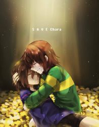 Rule 34 | alternate universe, androgynous, brown hair, chara (undertale), crying, death, flower, flower bed, frisk (undertale), gender request, highres, kazuya (lostnight), short hair, spoilers, striped clothes, striped sweater, sweater, tears, undertale