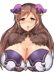 Rule 34 | 1girl, bad id, bad pixiv id, blush, bra, braid, breasts, brown eyes, brown hair, cleavage, cosplay, demon girl, earrings, female focus, hair in own mouth, heart, heart-shaped pupils, highres, horns, huge breasts, idolmaster, idolmaster cinderella girls, jewelry, large breasts, long hair, looking at viewer, nitta minami, poko chin, simple background, solo, symbol-shaped pupils, underwear, upper body, white background