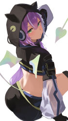 Rule 34 | 1girl, absurdres, black gloves, blush, closed mouth, cropped jacket, demon tail, from behind, gloves, green eyes, hand up, headphones, highres, hololive, hood, hood up, hooded jacket, jacket, knee pads, long hair, long sleeves, looking at viewer, nagiushi, purple hair, see-through, see-through sleeves, shorts, simple background, sitting, solo, tail, tokoyami towa, virtual youtuber, white background
