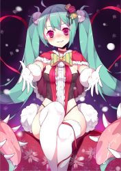 Rule 34 | 1girl, blush, bow, bowtie, gloves, green hair, hatsune miku, long hair, looking at viewer, pink eyes, sela (08180074), sitting, solo, teeth, thighhighs, twintails, very long hair, vocaloid, white gloves