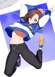 Rule 34 | 1girl, absurdres, arms up, black pants, blue background, blue footwear, blue hoodie, blush, breasts, brown eyes, brown hair, check commentary, closed mouth, commentary request, commission, drawstring, full body, groin, hair between eyes, highres, hood, hood down, hoodie, idolmaster, idolmaster cinderella girls, jumping, large breasts, long sleeves, looking at viewer, medium hair, midriff, mizuki seira, navel, pants, parted bangs, shoes, sidelocks, skeb commission, smile, sneakers, solo, suisogenshi, tight clothes, tight pants, white background