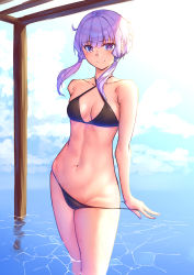 Rule 34 | absurdres, backlighting, bare arms, bare shoulders, bikini, bikini pull, black bikini, blue sky, blunt bangs, blush, breasts, cleavage, closed mouth, clothes pull, collarbone, criss-cross halter, day, halterneck, highres, nail polish, navel, nicchi, outdoors, pulled by self, purple eyes, purple hair, purple nails, short hair with long locks, sidelocks, sky, small breasts, smile, stomach, sunlight, swimsuit, toned, voiceroid, wading, water, yuzuki yukari