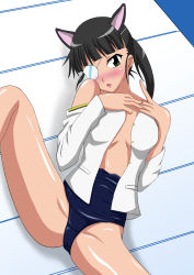 Rule 34 | 00s, 1girl, absurdres, blush, breasts, eyepatch, female focus, highres, no pants, one-piece swimsuit, open clothes, open shirt, resolution mismatch, sakamoto mio, school swimsuit, shirt, solo, source smaller, strike witches, swimsuit, swimsuit under clothes, world witches series