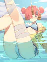 Rule 34 | 1girl, bad id, bad pixiv id, bandaged leg, bandages, beach, bikini, blue bikini, blue sky, breasts, cloud, day, detached sleeves, double bun, fate/grand order, fate (series), food, frankenstein&#039;s monster (fate), frankenstein&#039;s monster (swimsuit saber) (fate), frankenstein&#039;s monster (swimsuit saber) (first ascension) (fate), hair bun, hair ornament, hair over one eye, hairclip, headgear, horns, jacket, kildir, legs up, outdoors, parted lips, partially submerged, pink hair, popsicle, short hair, single detached sleeve, single horn, sky, sleeves past wrists, solo, swimsuit, swimsuit cover-up, water, yellow jacket