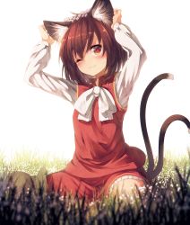 Rule 34 | 1girl, ;3, ahoge, animal ear fluff, animal ears, arms up, blouse, blurry, blush, bob cut, brown eyes, brown hair, cat ears, cat tail, chen, day, depth of field, flower, flower on head, flower wreath, full body, grass, green hat, hair flower, hair ornament, hand on own ear, hat, head wreath, high collar, ibuki notsu, knees together feet apart, long sleeves, looking at viewer, mob cap, multiple tails, one eye closed, shirt, short hair, sitting, smile, solo, swept bangs, tail, touhou, two tails, unworn hat, unworn headwear, white background, white shirt, wreath