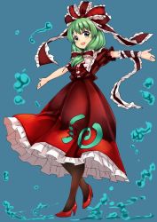 Rule 34 | 1girl, :d, abe ranzu, arm ribbon, blush, bow, dress, front ponytail, full body, green eyes, green hair, hair bow, hair ribbon, high heels, highres, kagiyama hina, looking at viewer, matching hair/eyes, open mouth, outstretched arms, pantyhose, red bow, red dress, red footwear, red ribbon, ribbon, shoes, smile, solo, spread arms, touhou