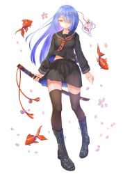 Rule 34 | 1girl, absurdres, black shirt, black skirt, black thighhighs, blue hair, boots, breasts, brown footwear, commentary request, fish, frown, full body, goldfish, highres, katana, long sleeves, looking at viewer, medium breasts, original, pleated skirt, red eyes, rgrey00, school uniform, serafuku, shirt, simple background, skirt, solo, sword, thighhighs, weapon, white background